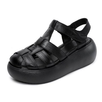 Taroko 真皮羅馬復古女款魔鬼氈厚底休閒涼鞋(2色可選)