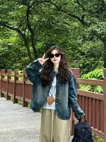 超好看做舊牛仔外套女春秋日系復古寬松休閑設計感小眾夾克牛仔衣【淘夢屋】