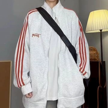 冬季復古條紋運動連帽拉鍊情侶棉服外套