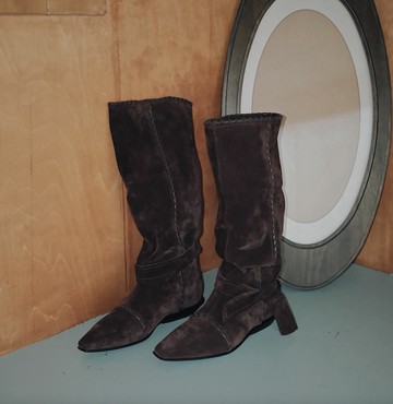 午夜巴黎 編織麂皮堆堆靴 不過膝長靴 手工製