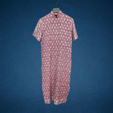 二手 紫色葉形碎花 古董訂製 薄短袖旗袍 CA0803