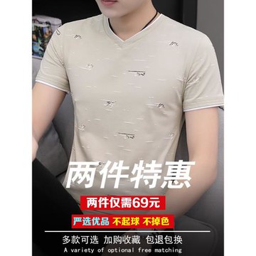 2025夏季冰絲短袖t恤v領潮流純棉時尚青年上衣服男士冰感修身丅恤