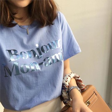 網紅純棉燙金字母上衣ins短袖t恤