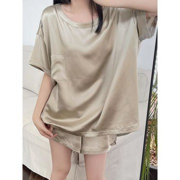 ins風裸感純色冰絲短袖睡衣女夏款大碼高級感休閑家居服短褲套裝