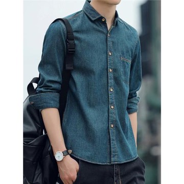 秋季薄款男士純棉牛仔襯衣寬松上衣長袖襯衫男裝青年潮流休閑外套