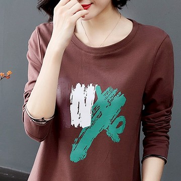 拼接長袖t恤女純棉寬松大碼顯瘦印花上衣t?中老年媽媽打底衫秋衣1入