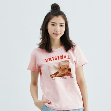 瞇呀睡眼惺忪貓貓純棉T恤(粉紅)-女
