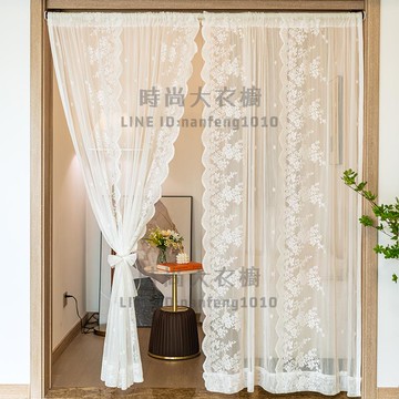免打孔魔鬼氈窗簾窗紗簾法式白色蕾絲客廳陽臺飄窗門簾隔斷穿桿簾【時尚大衣櫥】
