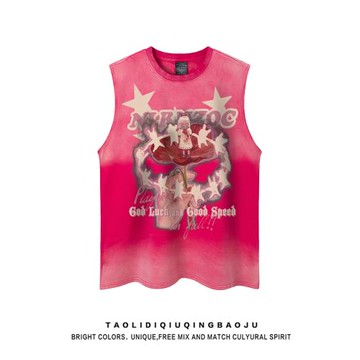 潮牌復古漸變做舊印花背心T恤女夏季甜酷風寬松休閑無袖坎肩上衣