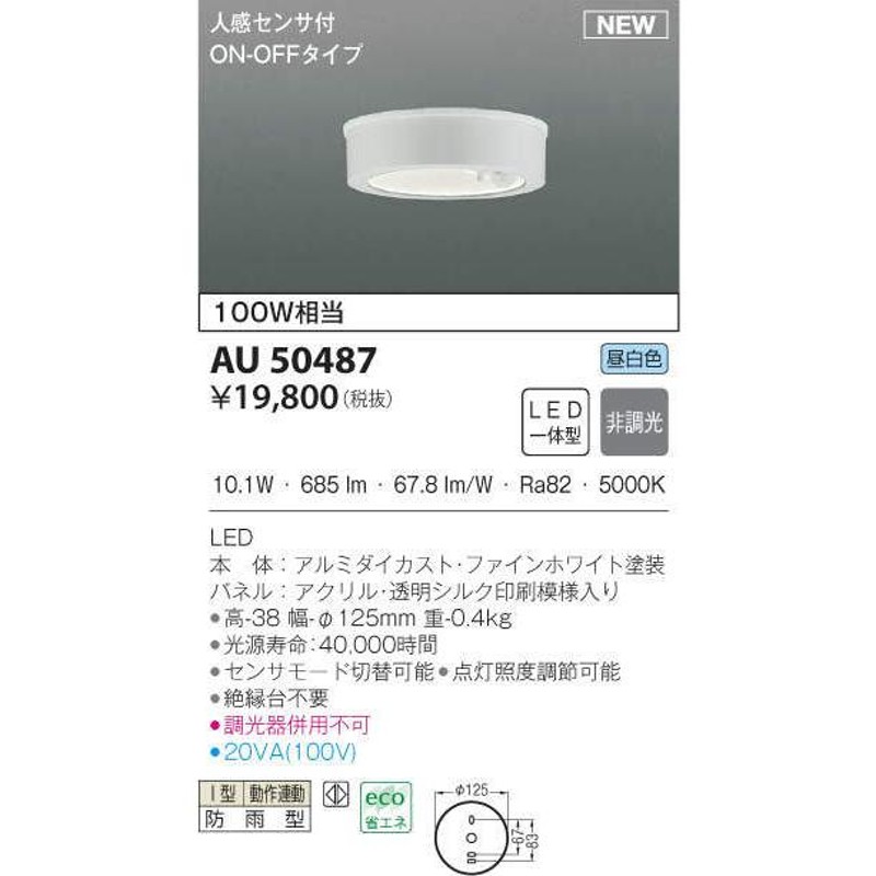 大人気の コイズミ照明 LED防雨型シーリング AU50486 工事必要