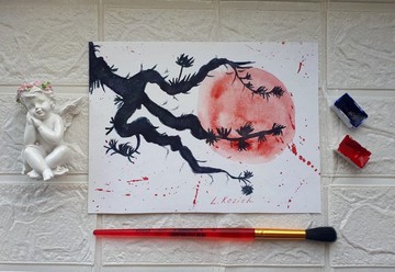 日式風格水彩畫、藝術、畫作、亞洲花卉與美麗