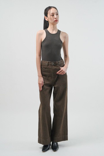 洗舊直筒牛仔寬褲 - 棕