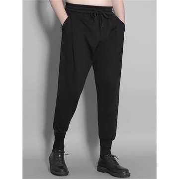 原創男裝秋季百搭暗褶寬松哈倫錐形褲黑武士休閑慢跑運動褲男薄款