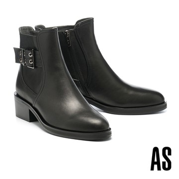 短靴 AS 別致時尚造型大方釦全真皮高跟短靴－黑