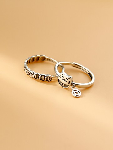 周大福星純銀招財貓戒指女錢多多指環銅錢小眾飾品食指可調節尾戒