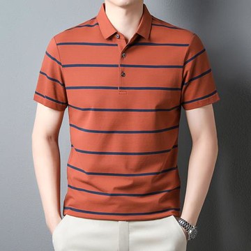 純棉短袖t恤男士夏季翻領半袖POLO衫體恤中年爸爸裝條紋休閑恤