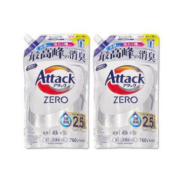 (2袋超值組)日本KAO花王-Attack ZERO強洗淨去污消臭濃縮洗衣精補充包760g/袋-直立式專用(銀)(織品除異味洗滌液,筒槽防霉清潔劑)