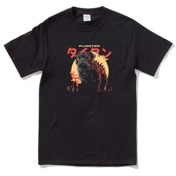 PUGSTER 中性短袖T恤 黑色 八哥法鬥美式休閒寬鬆可愛插畫設計情侶動物狗潮T禮物潮牌衣服狗犬怪獸哥吉拉PUG
