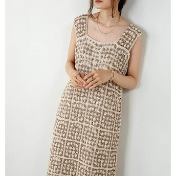 日本 Bab - 絕美修身鉤針背心洋裝-米x棕