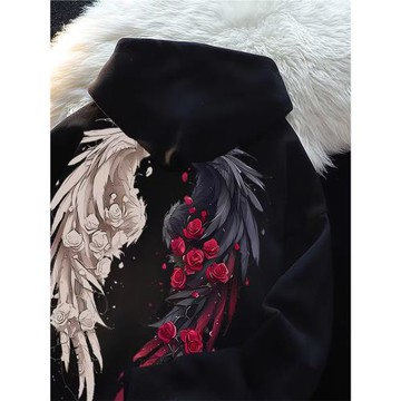 美式復古玫瑰花翅膀加絨連帽衛衣男女秋冬oversize潮情侶外套上衣