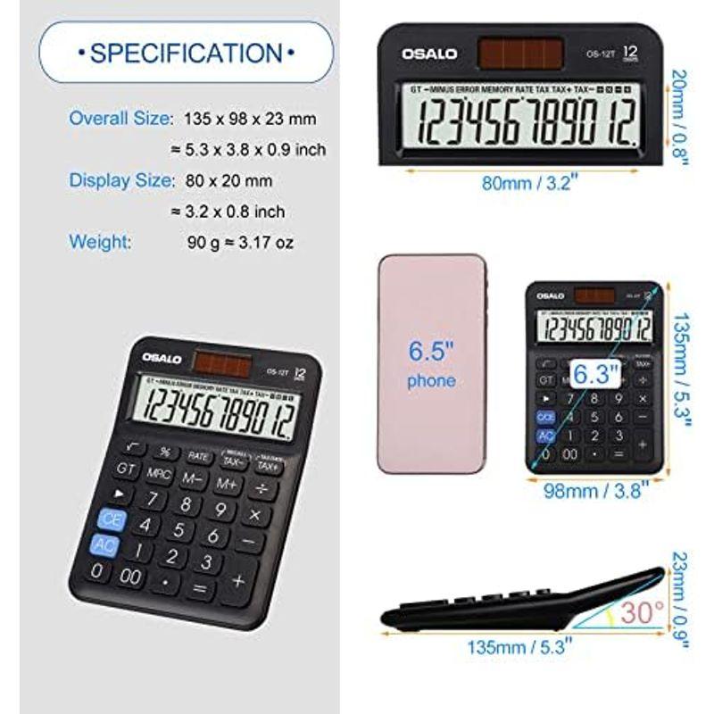 卓上電卓 大型LCDディスプレイ 12桁 数字ビッグボタン 税金会計計算機 電池式 太陽光発電 デスク オフィス 自宅 ビジネス用 (OS-