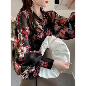 燈籠袖刺繡襯衫女2023年秋季新款印花雪紡襯衣寬松甜美別致上衣女