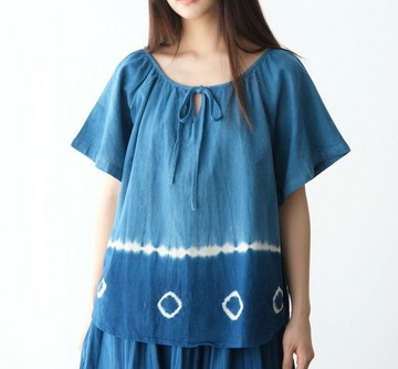 【棉麻手工藍染】系帶圓領短袖上衣3色