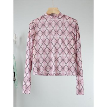 諾諾E站[町]春季新款格子印花網紗打底衫內搭長袖t恤修身顯瘦剪標