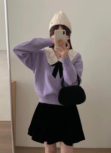 勾花娃娃領蝴蝶結毛衣-3色 393283