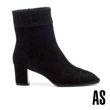 AS 簡約優雅LOGO拉鍊拼接花呢布方頭高跟短靴－黑