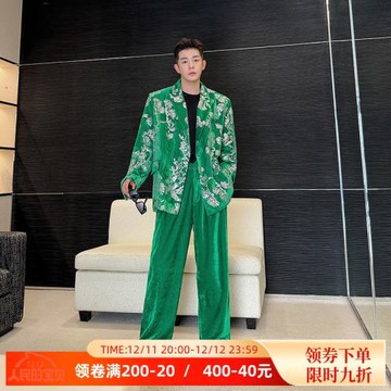 時尚走秀款ins復古刺繡亮片絲絨西服套裝男氣質設計感闊腿長褲潮