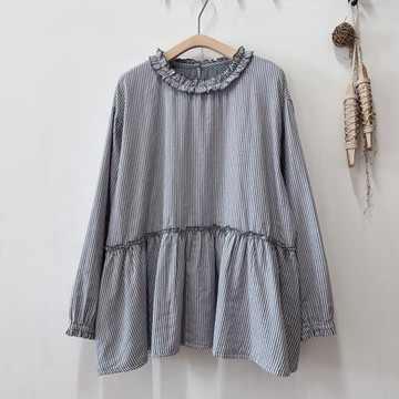刺繡荷葉下擺長袖襯衫上衣430331