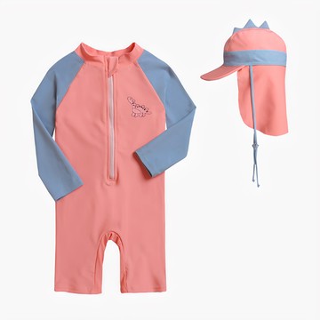 愛北鼻 寶寶連體泳衣送遮陽帽 長袖連身泳衣 可愛造型 舒適親膚  6碼  橙紅小恐龍