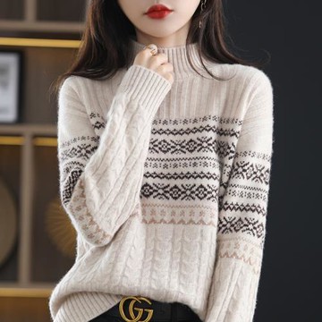 秋冬新款針織羊絨衫女半高領提花套頭毛衣落肩打底抽條純羊毛衫
