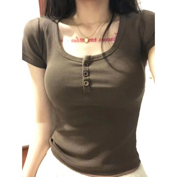 M-4XL 大尺碼純欲風正肩U領短袖t恤女夏季設計感小眾修身收腰顯瘦辣妹短款上衣