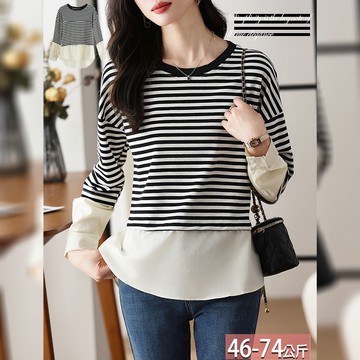 假兩件圓領黑白橫條紋拚接雪紡上衣 M-2XL【152292X】【現+預】☆流行前線☆