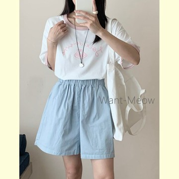 【Want Meow®招財貓旺鋪】台灣現貨75公斤可穿中大尺碼/休閒短褲/鬆緊腰/寬鬆顯瘦/A字短褲/闊腿短褲