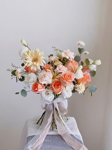 【鮮花】橘黃杏粉色玫瑰太陽花自然風美式鮮花捧花