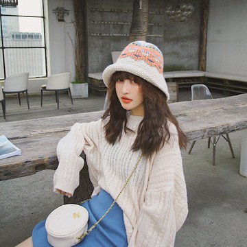韓國手工秋天針織毛線漁夫帽女秋冬卷邊盆帽寬檐秋季折疊圓臉韓版1入