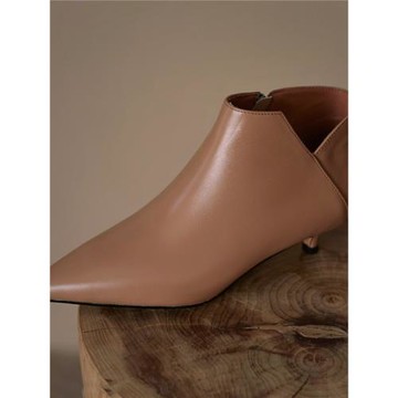 M先生 低筒小短靴女矮腰靴子尖頭真皮中跟及踝靴氣質百搭貓跟裸靴