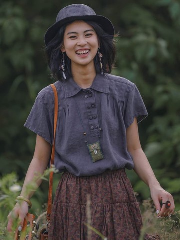 2顔色 煙綠/煙紫 全亞麻植物染小飛袖肩部對褶短袖襯衫