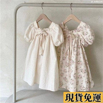 🚛限時低价🚛 韓版童裝兒童裙子兒童短袖連身裙女童中長裙韓版洋裝女孩子泡泡袖甜美碎花方領森系淑女公主風A字