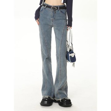 SHIYIYUE復古微喇叭牛仔褲女秋冬季高腰顯瘦小個子毛邊馬蹄拖地褲