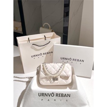 URNVO REBAN 2025新款真皮菱格小方包夏季百搭珍珠鏈條斜挎包包女