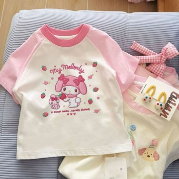 【臺灣-出貨】粉色插肩袖女童T恤美樂蒂卡通刺繡圖案2026新款洋氣兒童夏裝上衣DER1