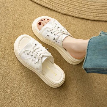 網紅系帶休閑半拖鞋女夏2025新款外穿厚底一字拖沙灘涼拖防滑百搭