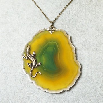 蜥蜴項鍊 黃橄欖綠瑪瑙片板吊墜項鍊珠寶