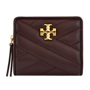 TORY BURCH KIRA 金字LOGO羊皮斜紋拉鍊零錢短夾-暗紅