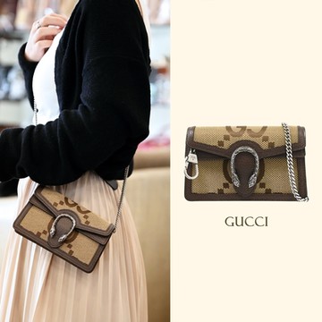 GUCCI 古馳  Dionysus Jumbo GG 經典虎頭釦飾肩斜背鍊包/酒神包(咖邊)