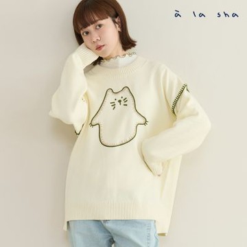 a la sha Q咪撞色鎖邊落肩針織上衣